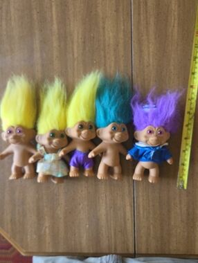 Trolls 5 Vintage Hairy Troll Dolls with Yellow, Blue And Purple Hair